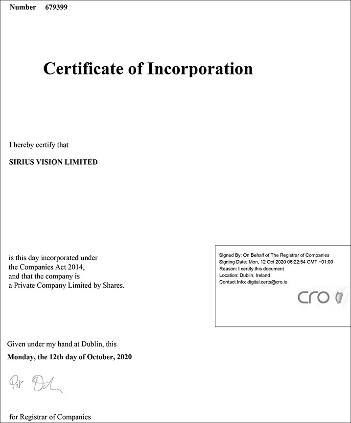 Sirius Vision Limited - Certificate of Incorporation